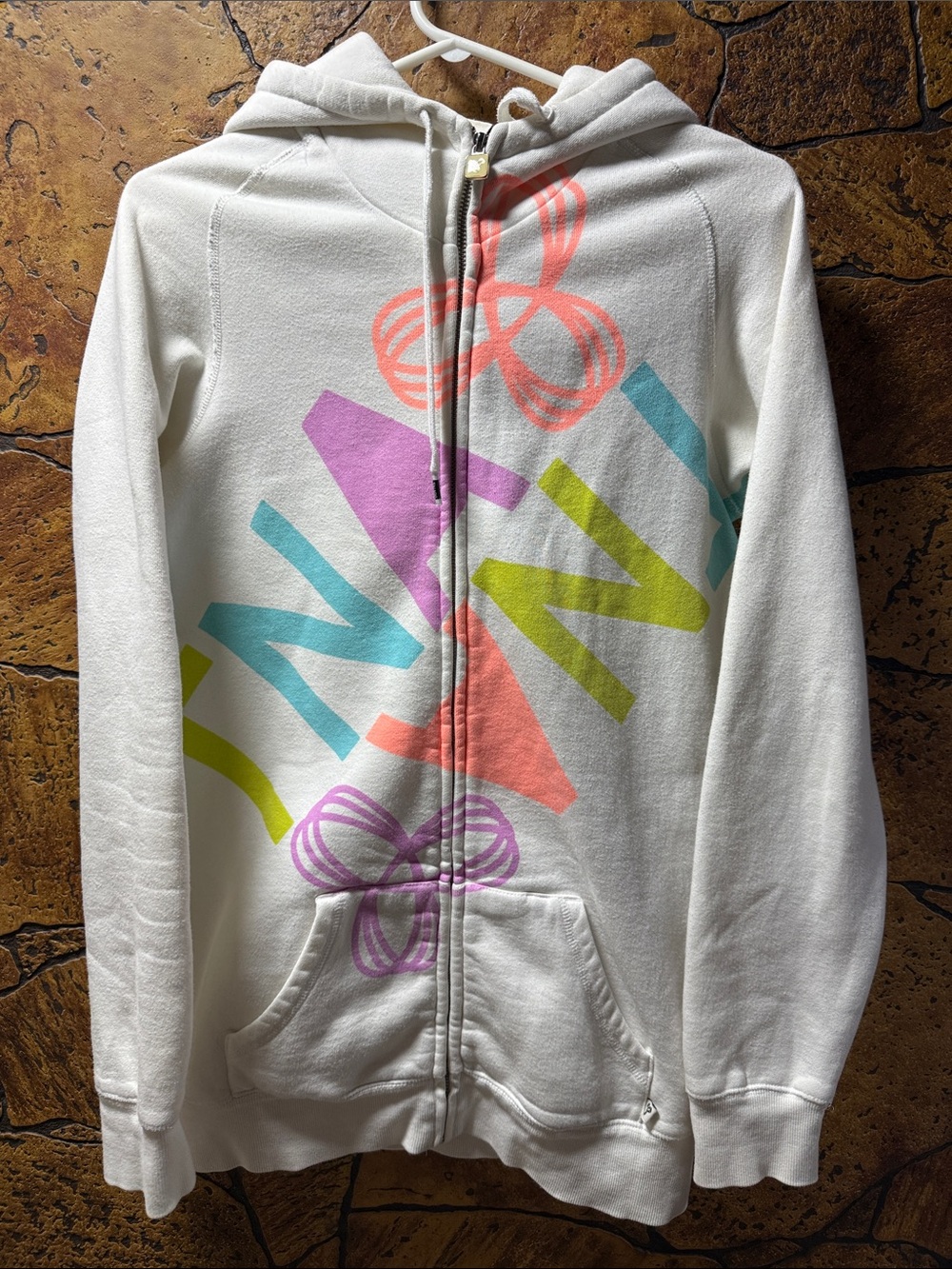 TNA White Zip-Up Hoodie with Colorful Graphic Print